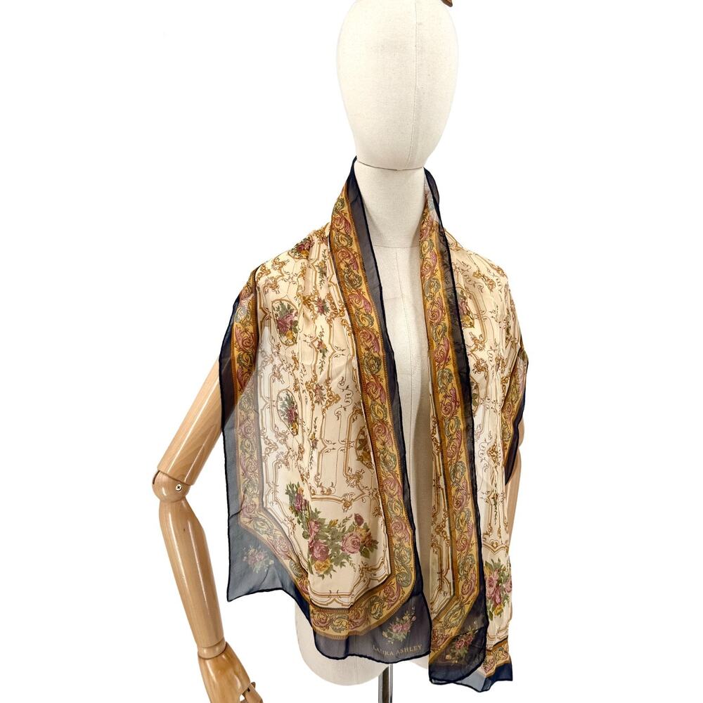 Vintage 90s Laura Ashley Cream Silk Chiffon Floral Border Scarf